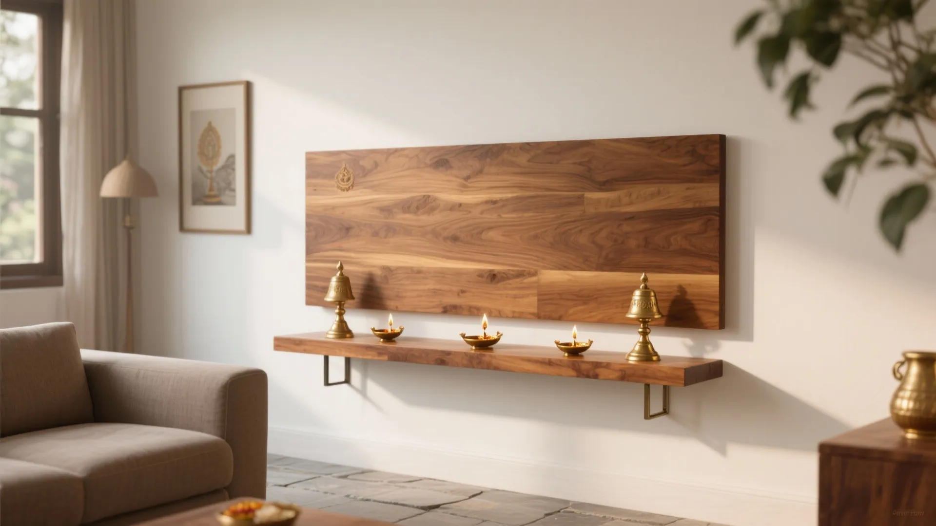 Floating Wooden Slab with Brass Accents