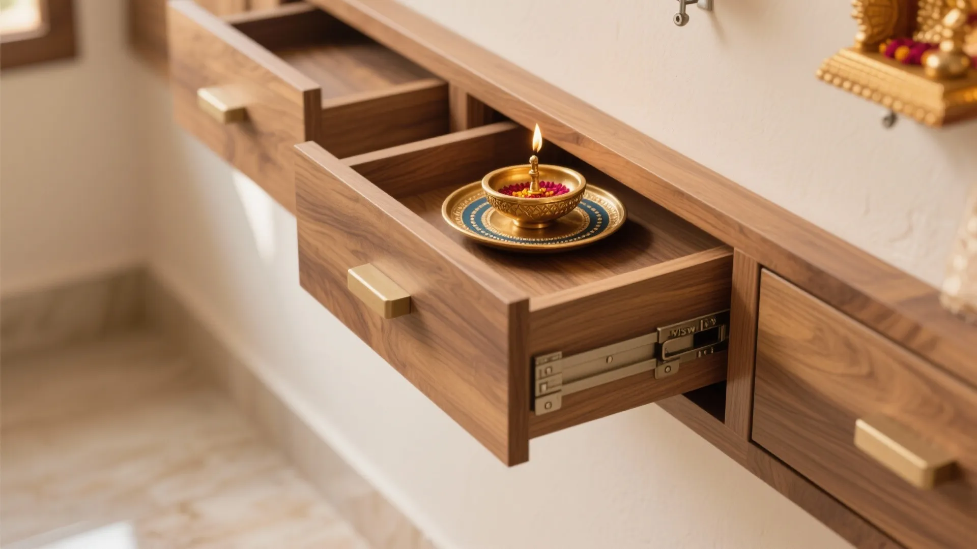 Close-up of floating wooden pooja steps with hidden drawers and brass diya tray.