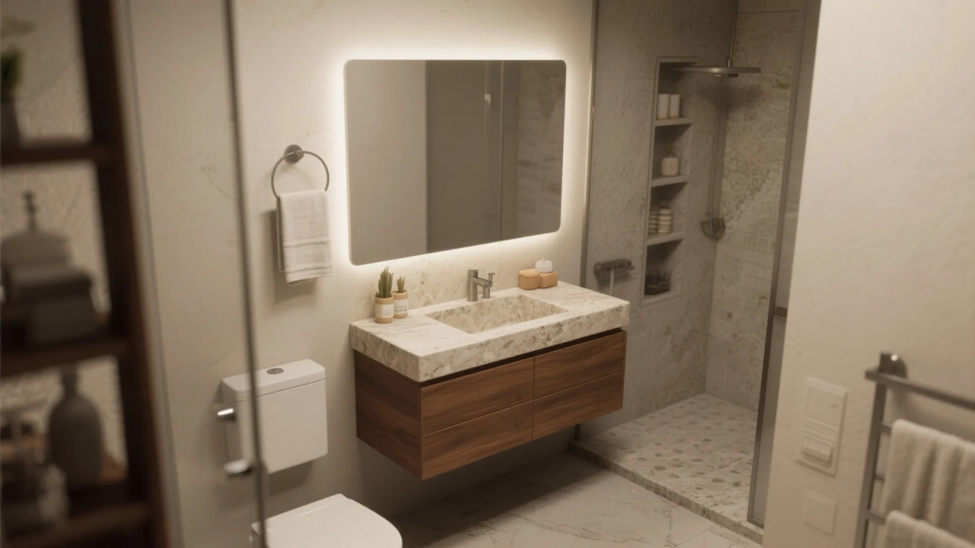 Modern bathroom with wooden cabinet marble sink backlit mirror white toilet and glass shower area