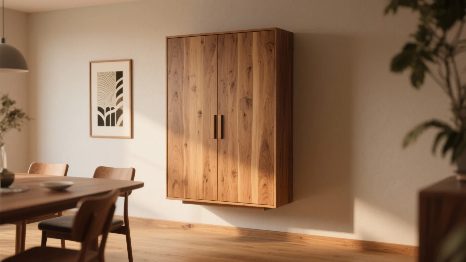 Floating wooden wall cabinet in dining room with matching table chairs and soft natural light