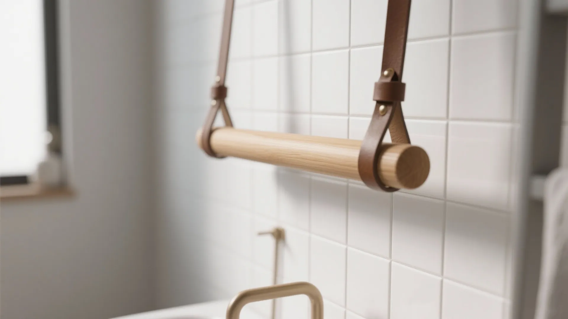 Modern bathroom wooden towel bar with brown leather straps hanging on a white tiled wall