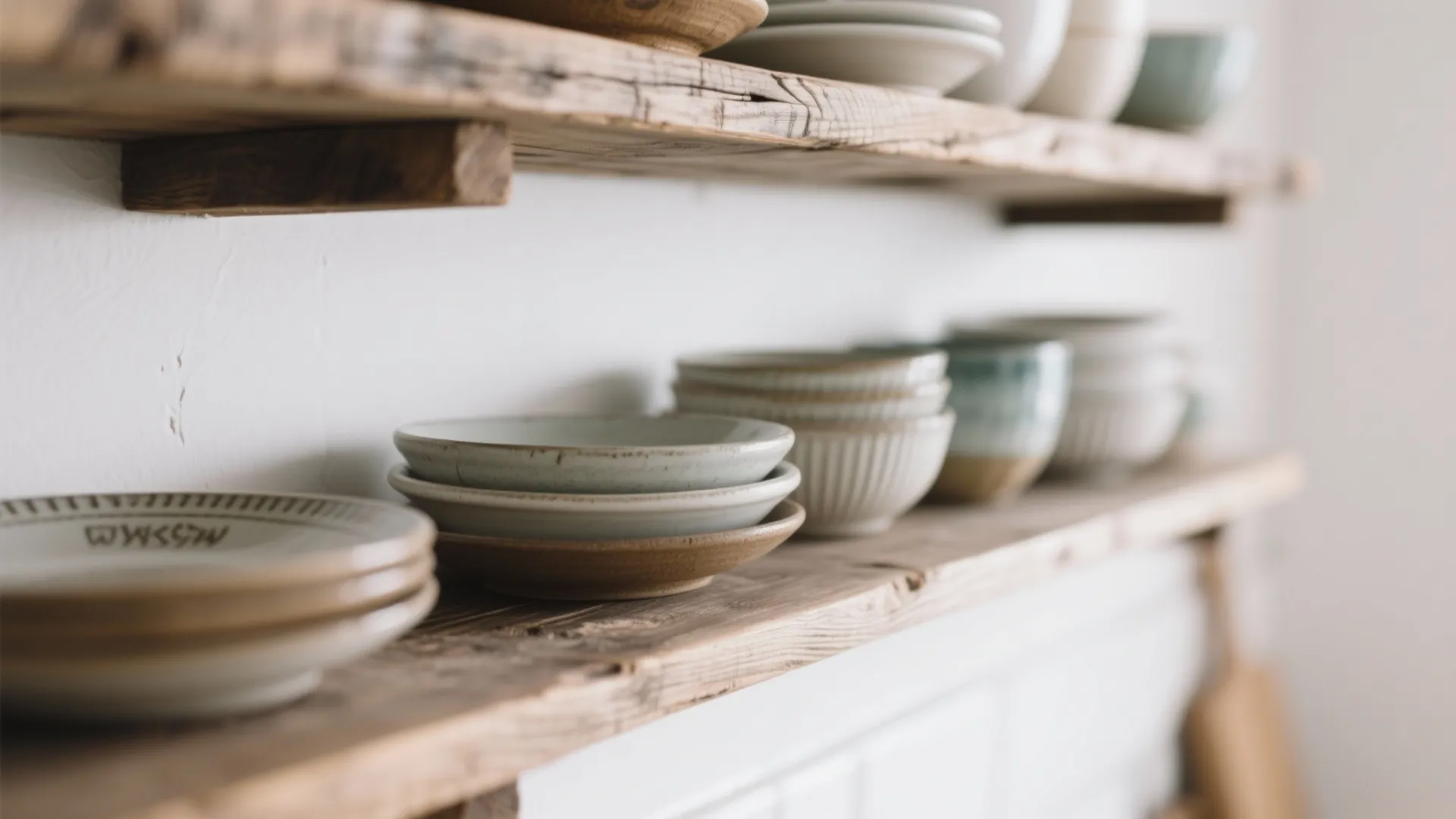 Close up of rustic wooden wall shelves holding stacked ceramic plates and bowls in kitchen
