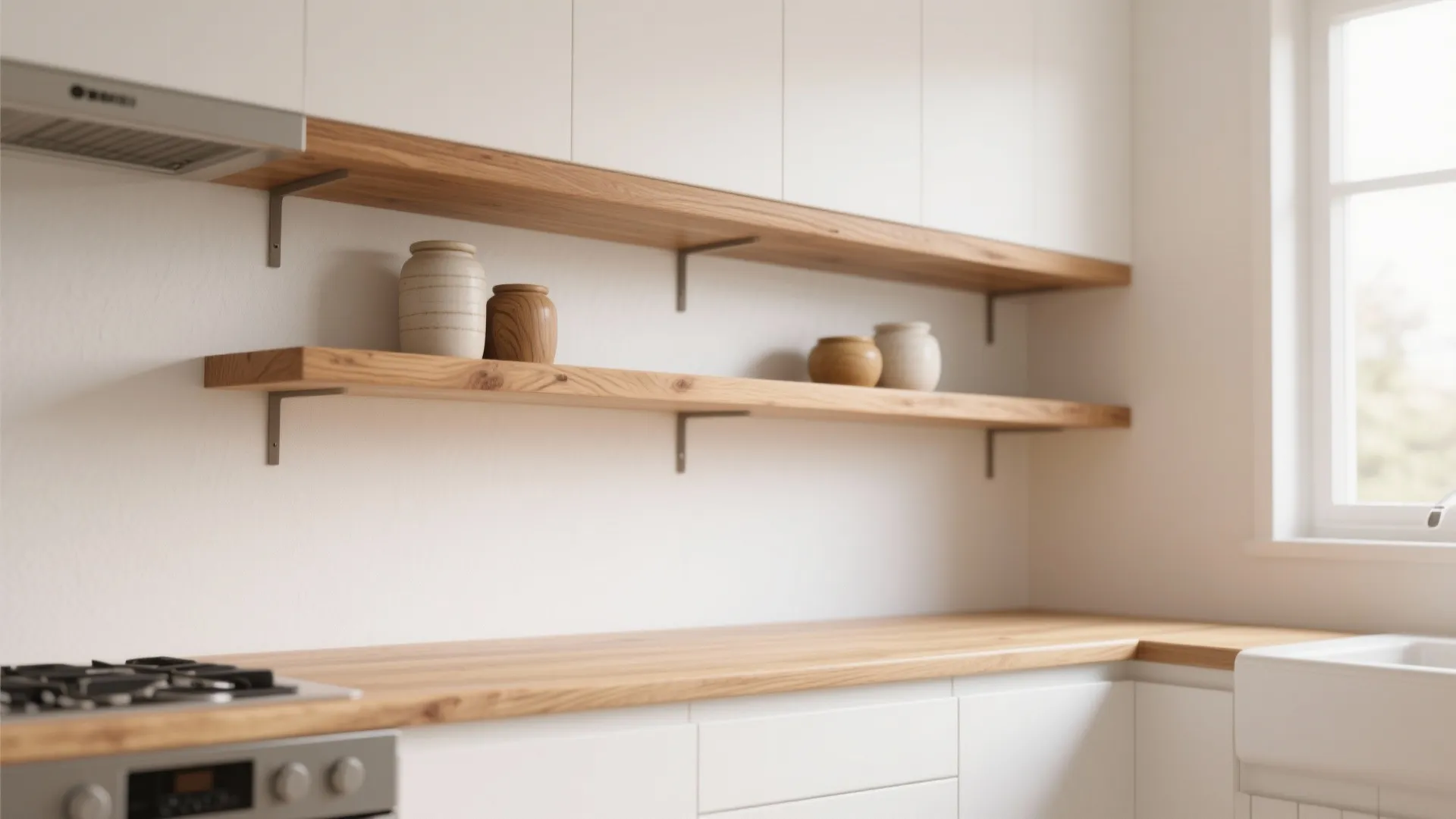 Modern white kitchen with floating wooden wall shelves holding decorative pots above a wood countertop