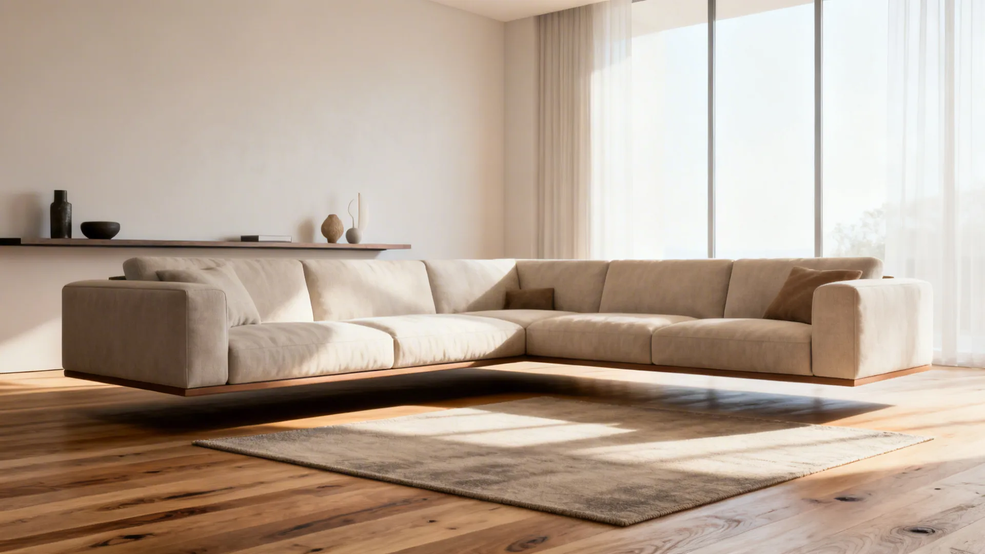 Floated sectional creating a cozy conversation zone with a rug and a narrow console behind it.