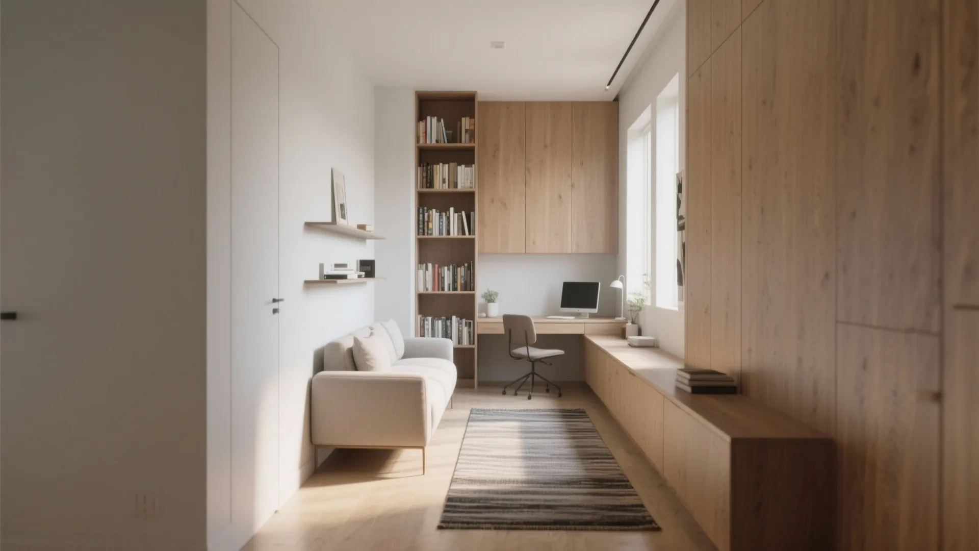 Floating sofa with a slim console behind it, narrow bookshelf and a small desk area defining multiple zones in a narrow room.