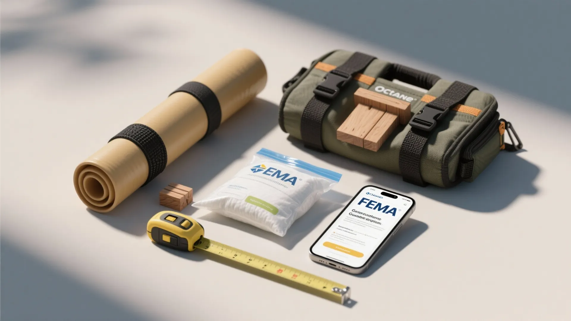 Flatlay of a flood-prep toolkit including inflatable tube, wooden dam sample, absorbent bags, tape measure and a phone with FEMA guidance.