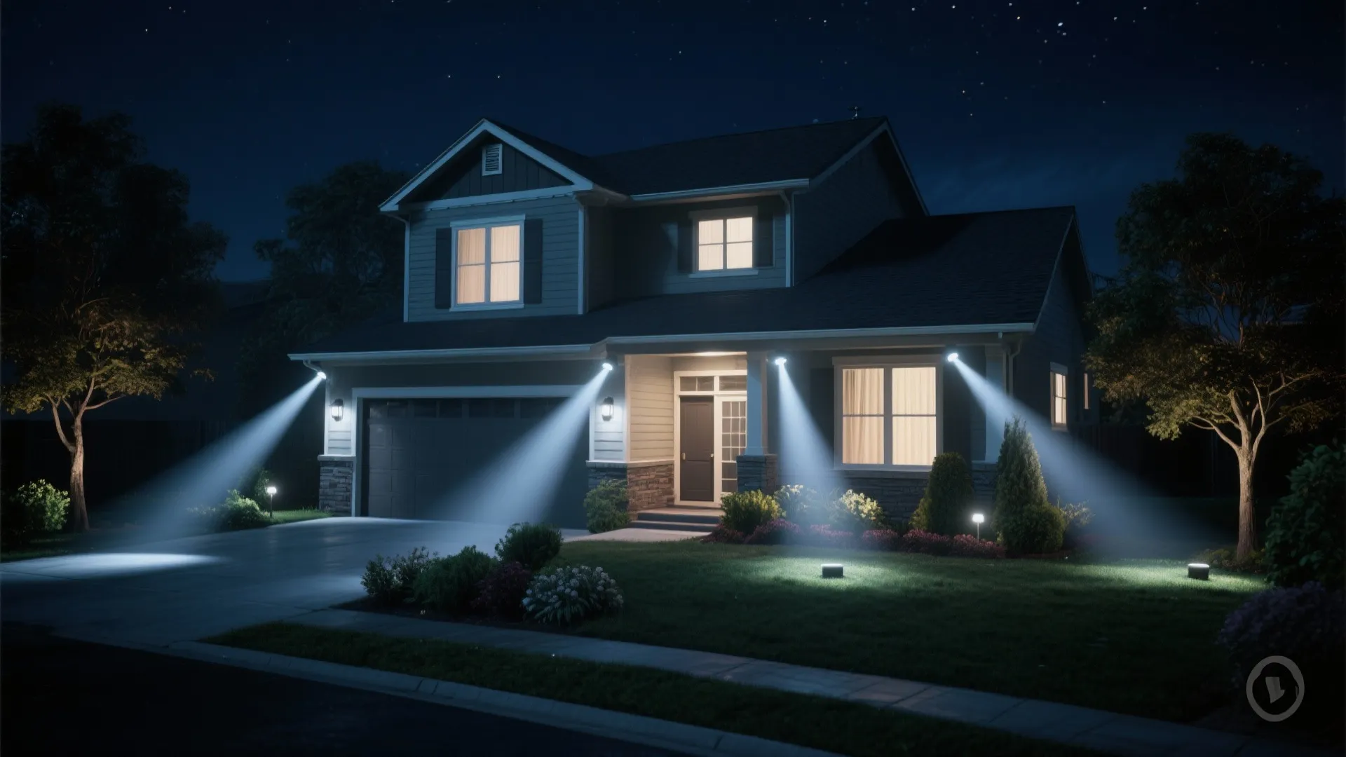 Two story suburban house at night with bright outdoor flood lights illuminating the front yard