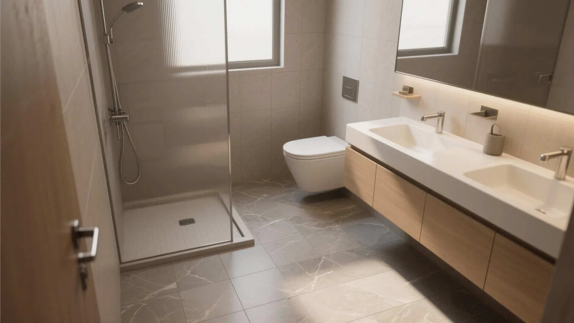 Modern bathroom featuring marble floor tiles with glass shower screen and wooden double sink cabinet
