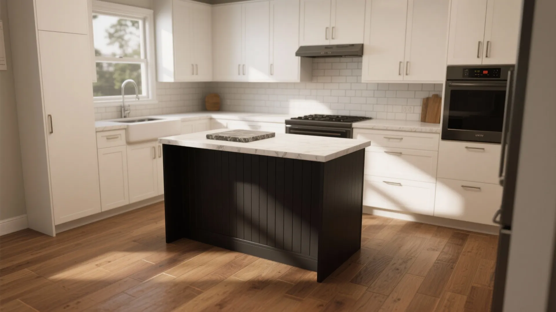 Small kitchen with warm wood flooring, white cabinets, black island and a subway tile backsplash.
