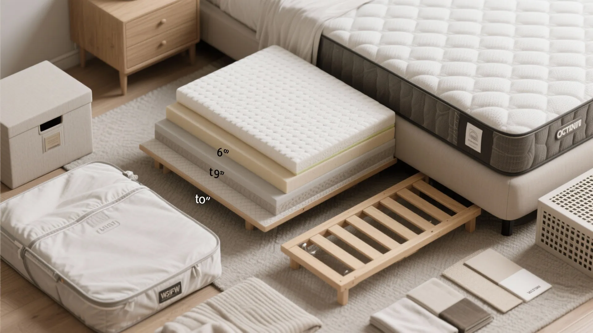 Top-down flatlay of mattress thickness samples, topper, slatted base pieces and breathable storage options for floor beds.