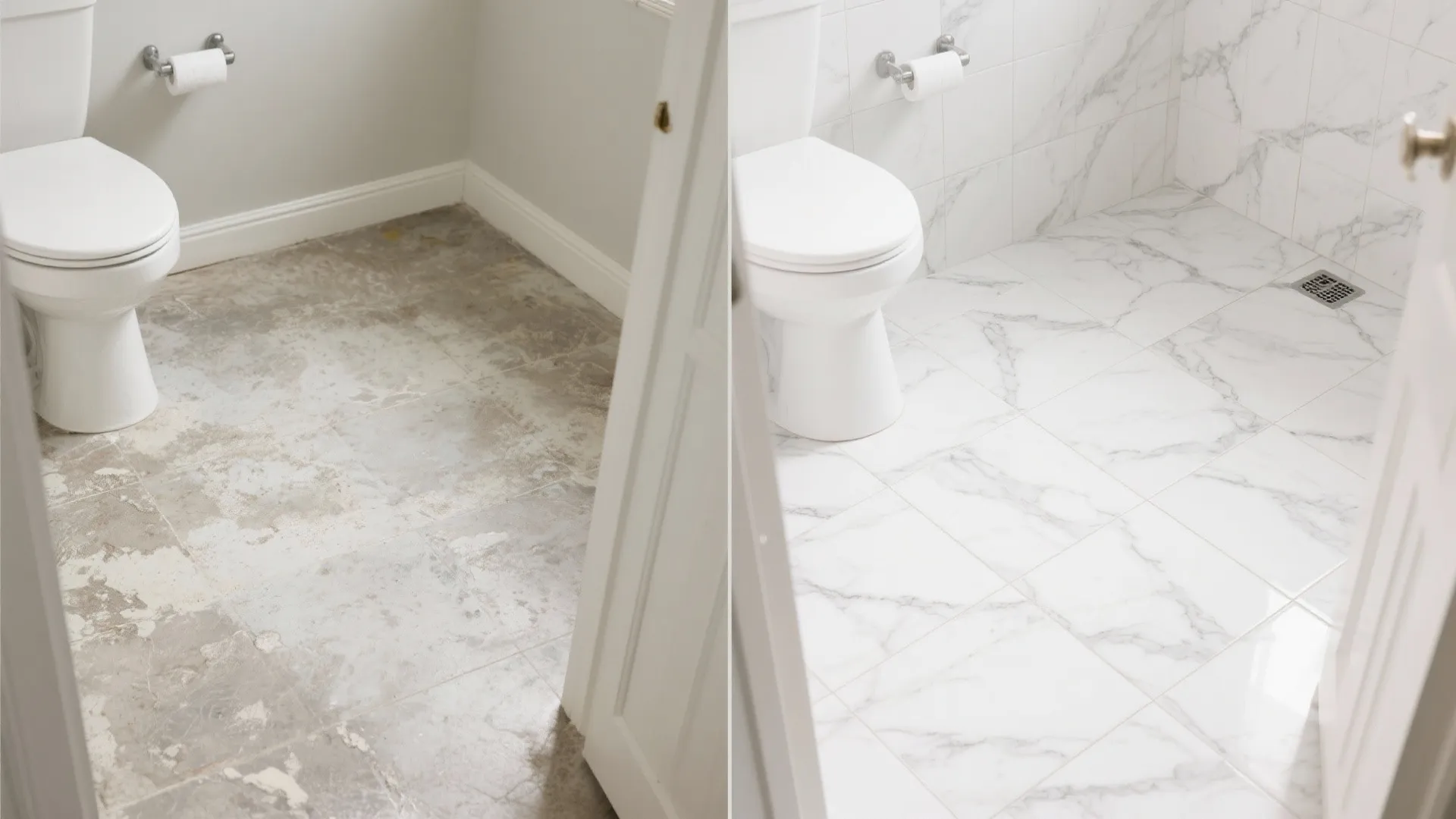 Before and after comparison of old concrete floor versus new white marble floor tile installation