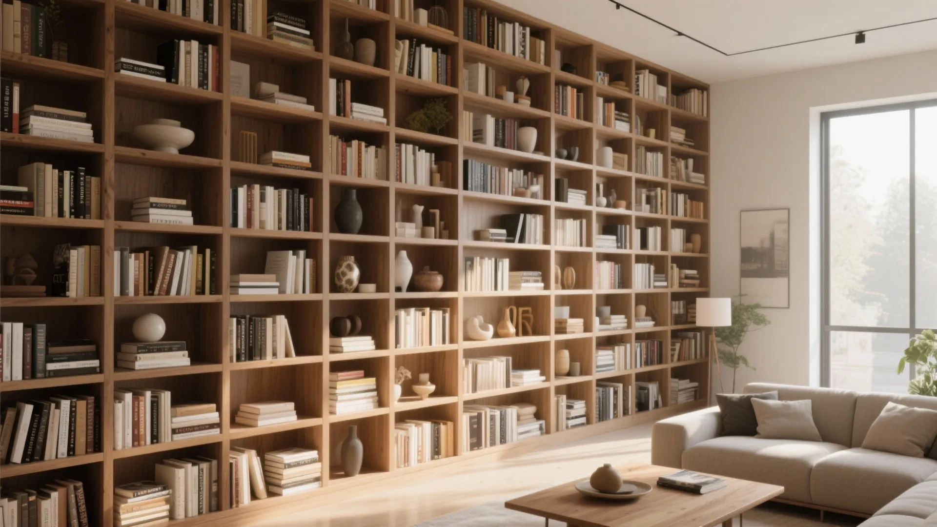 Large wooden wall bookshelf filled with books behind a beige sofa and wooden coffee table