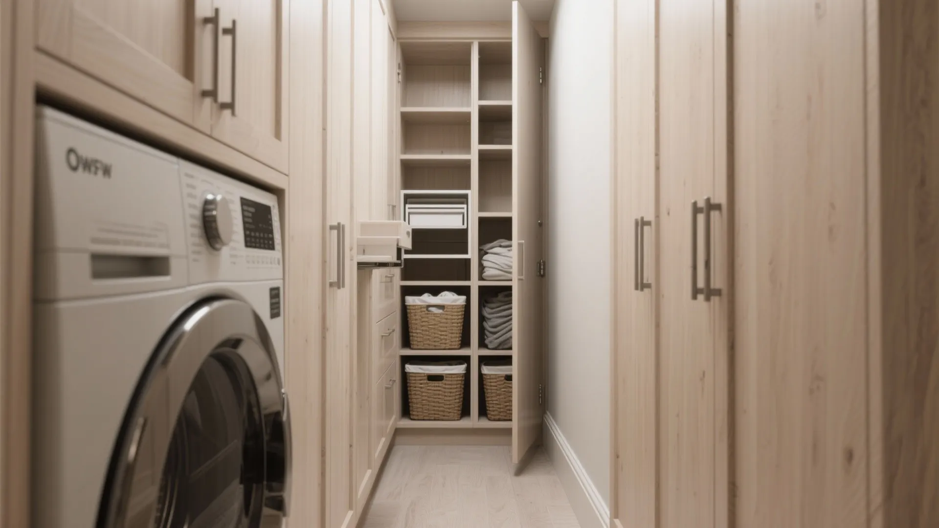 2. Floor-to-ceiling built-ins with pull-out hampers
