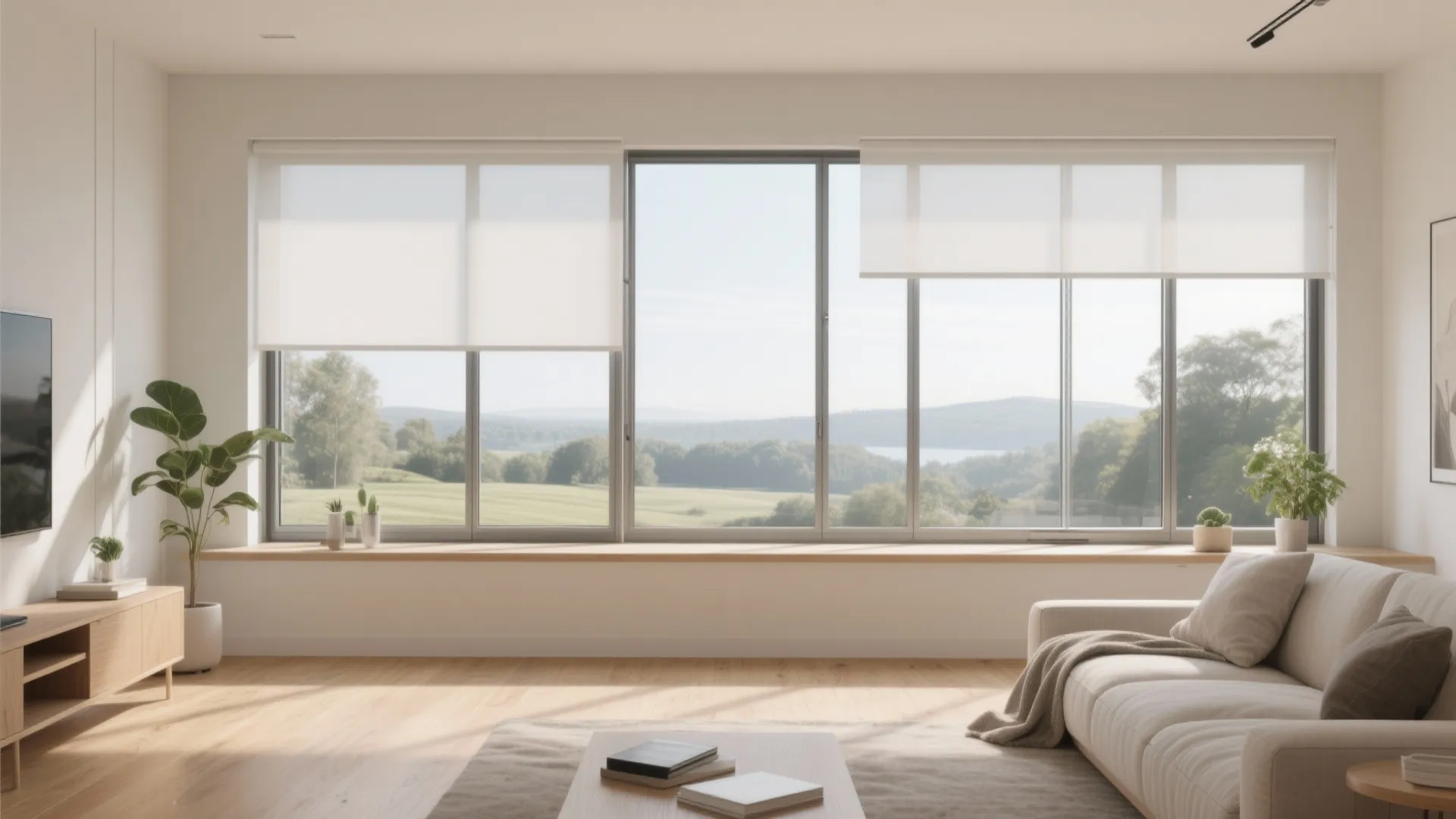 Bright living room featuring large windows with white shades and a view of green hills