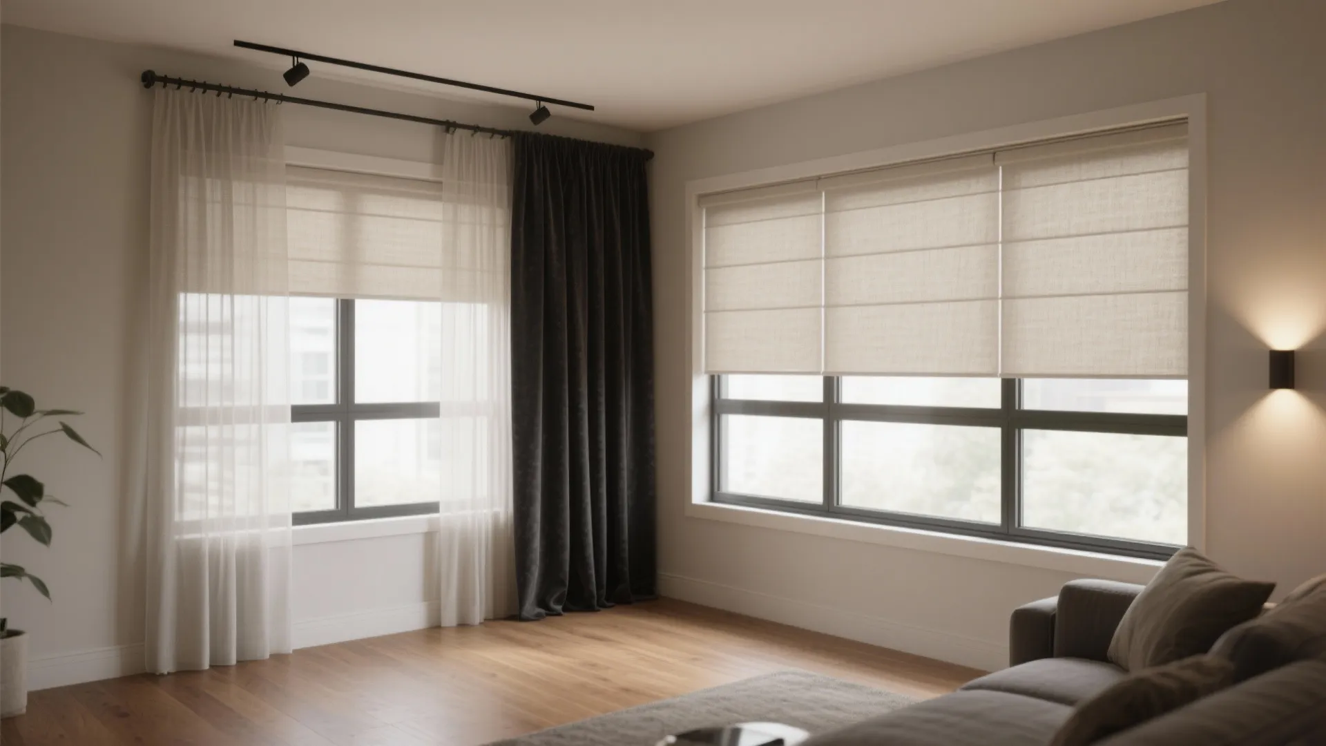 Floor-to-ceiling windows with layered privacy