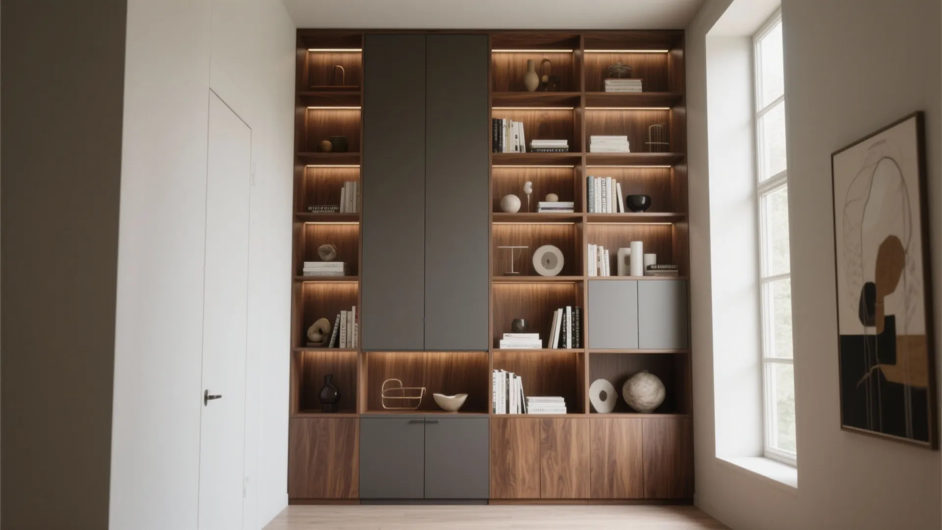 Tall floor-to-ceiling shelving mixing open shelves and closed cupboards in a narrow living room.