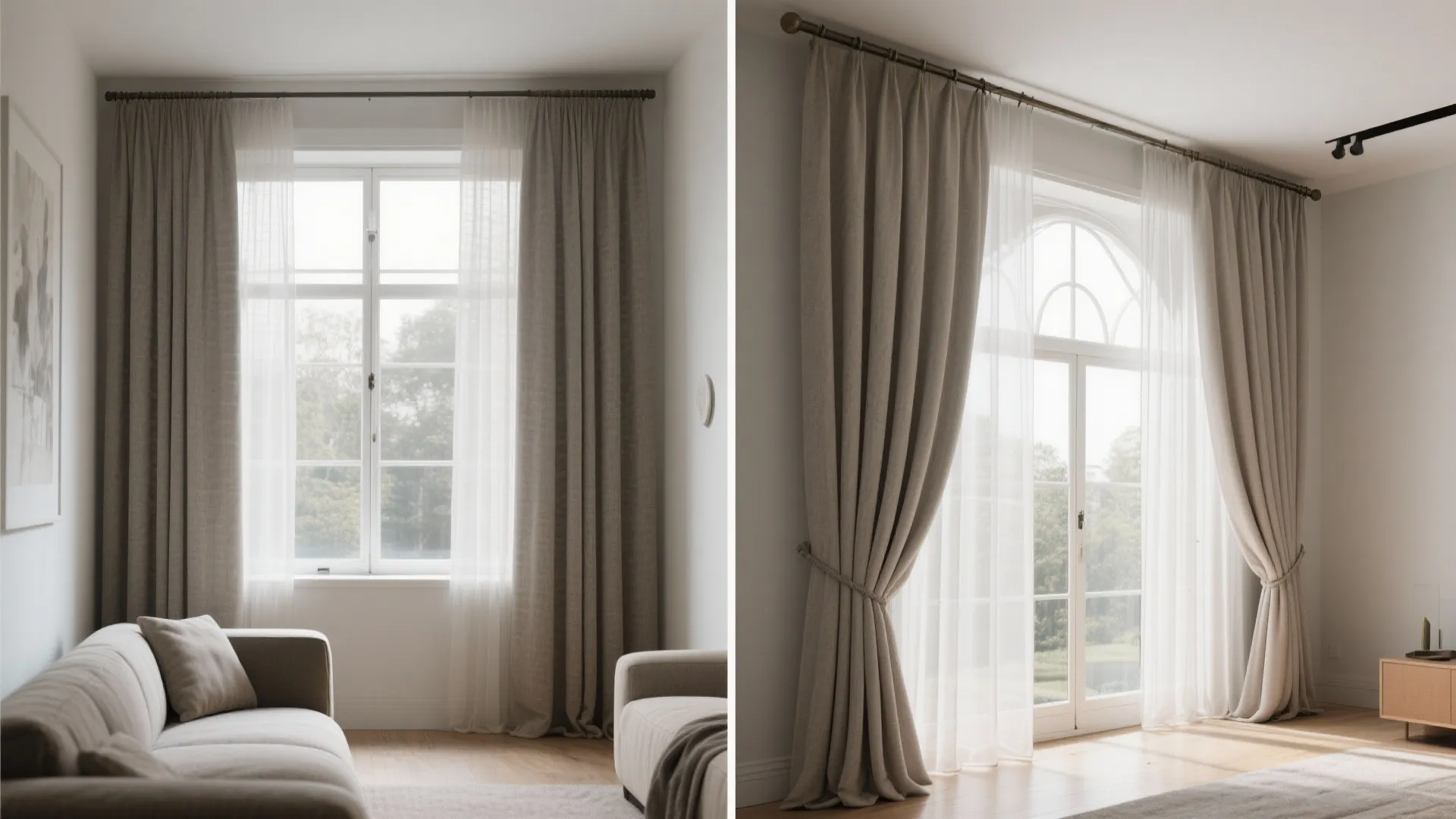 Before-after living room comparison showing low-mounted curtains versus floor-to-ceiling ripple fold drapes with extended stack-back