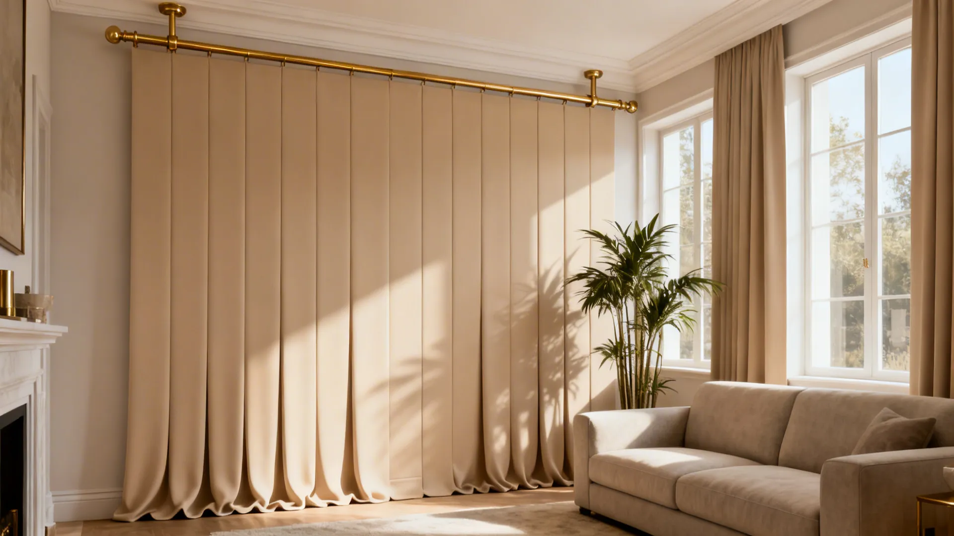 Small living room with floor-to-ceiling beige panels hung high to make ceilings appear taller.