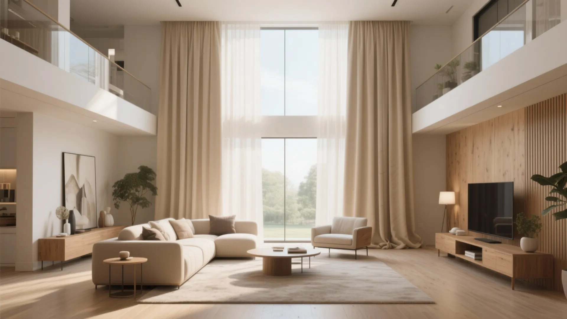 Spacious double height living room with long beige curtains wooden wall panel and large windows