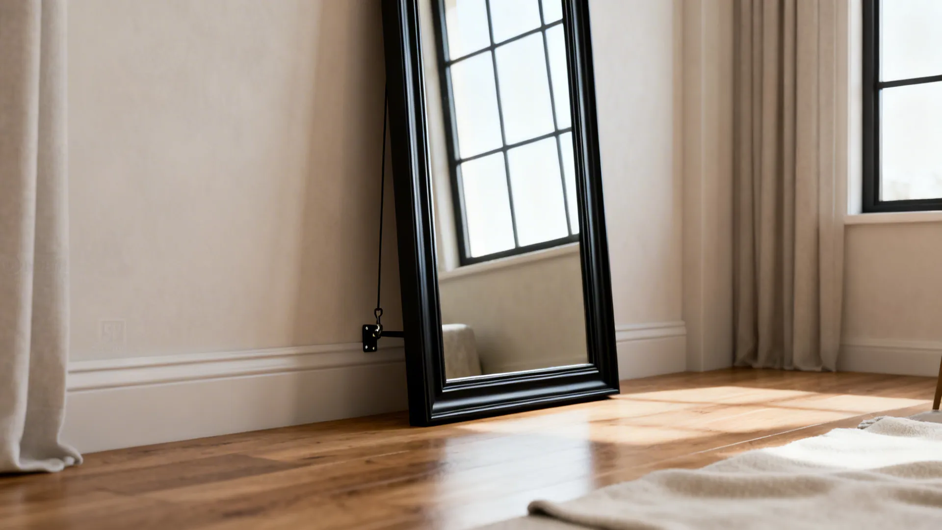 Floor-to-ceiling black-framed mirror in a narrow living room reflecting light and window frames