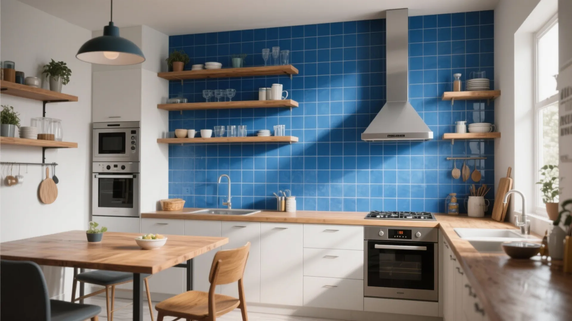 5. Floor-to-ceiling blue tile wall for focal point