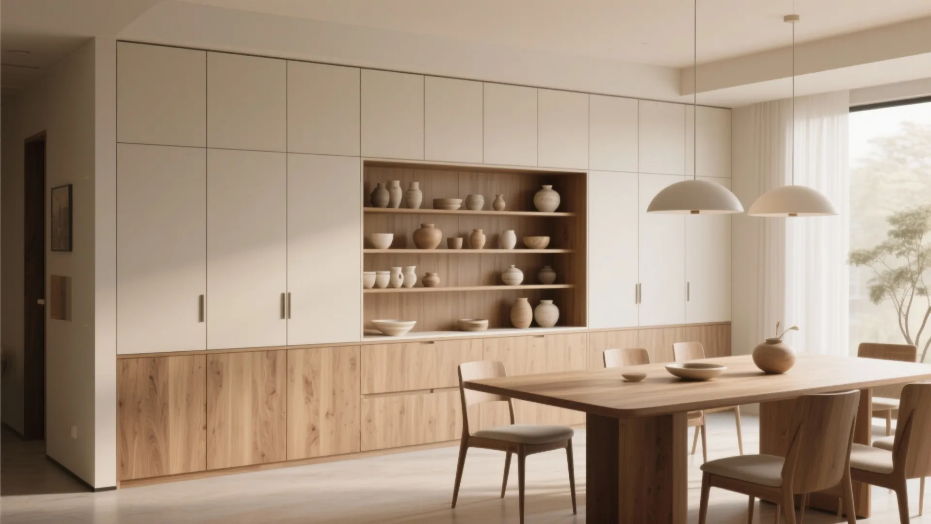 Full wall dining room cabinet with lower closed units and open shelves