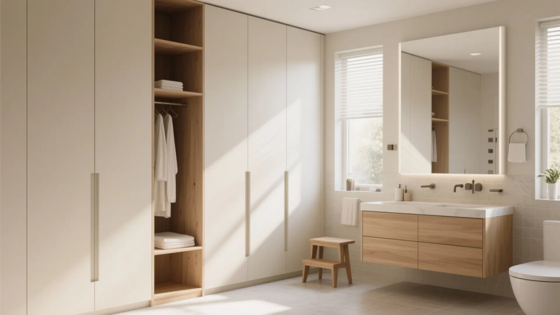 Bright bathroom interior with white floor to ceiling cabinets wooden sink cabinet and small stool