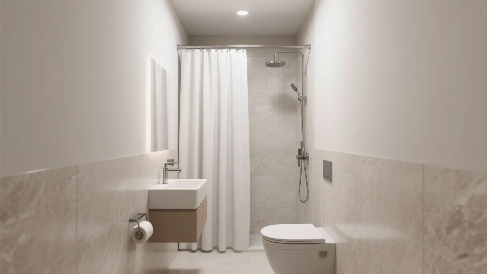 Compact bathroom design with white sink and toilet plus shower area behind a white curtain