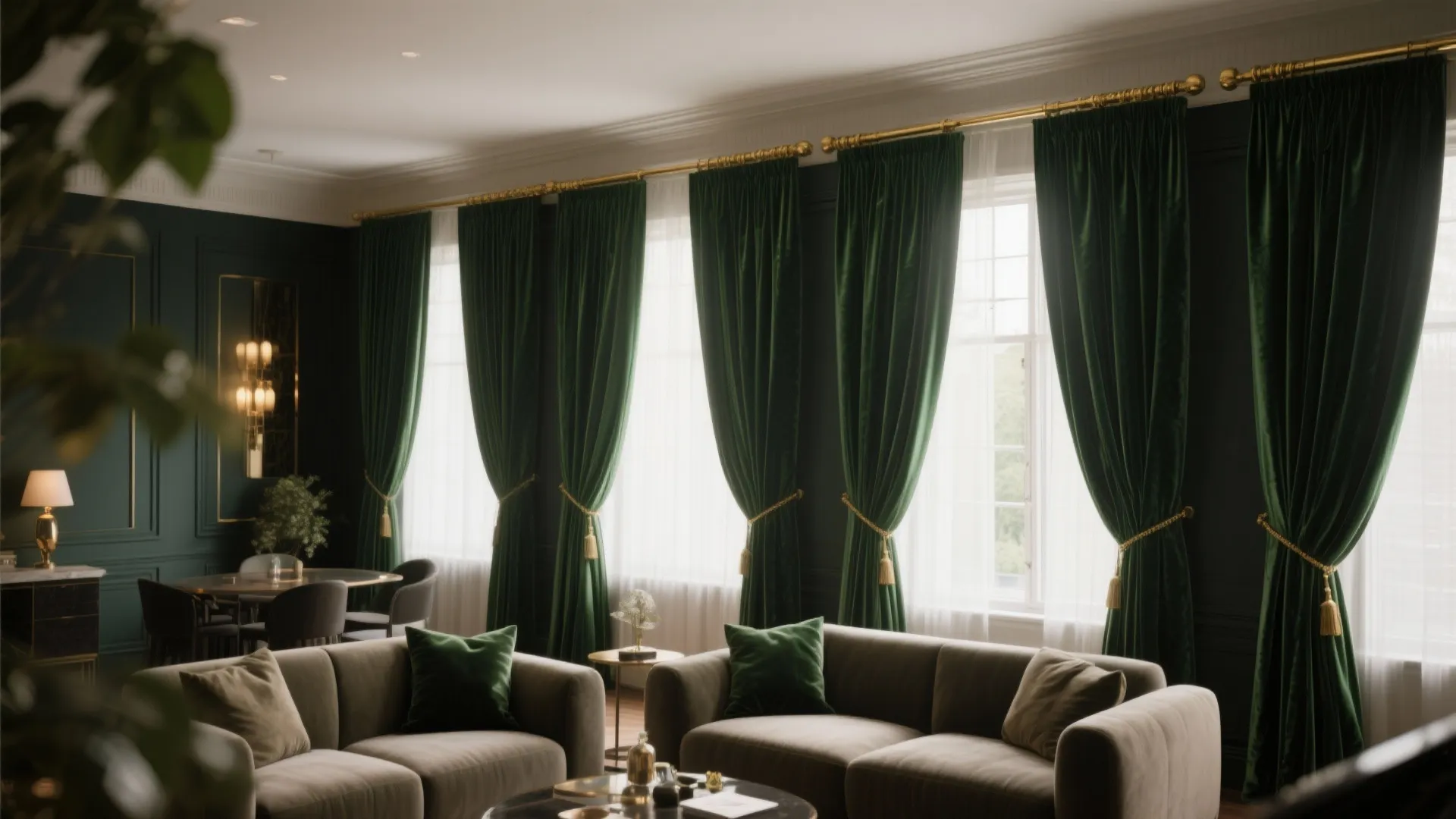 Elegant living room with green curtain windows dark green wall panel sofa and dining table