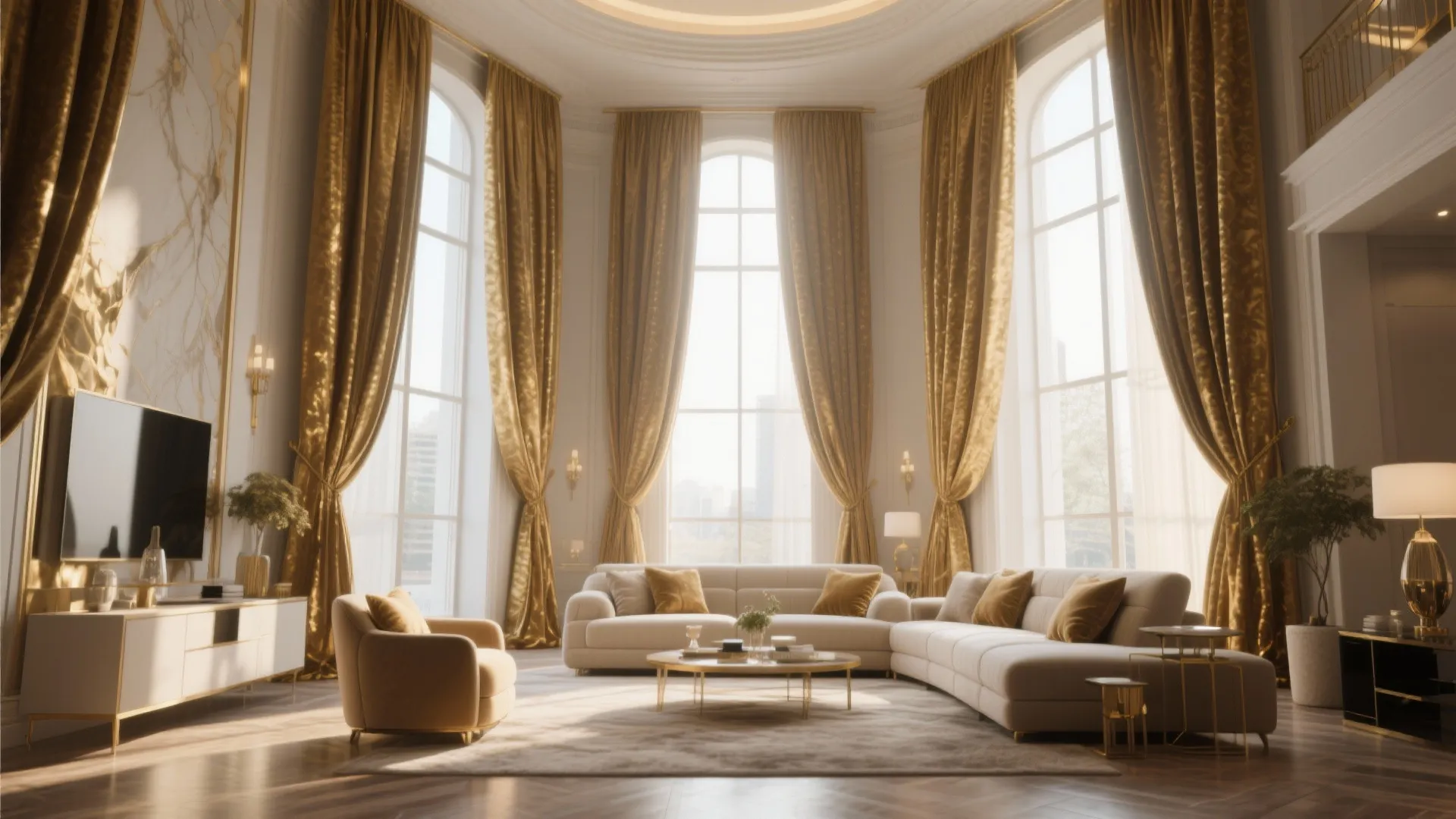 High ceiling room with luxurious full-length curtains