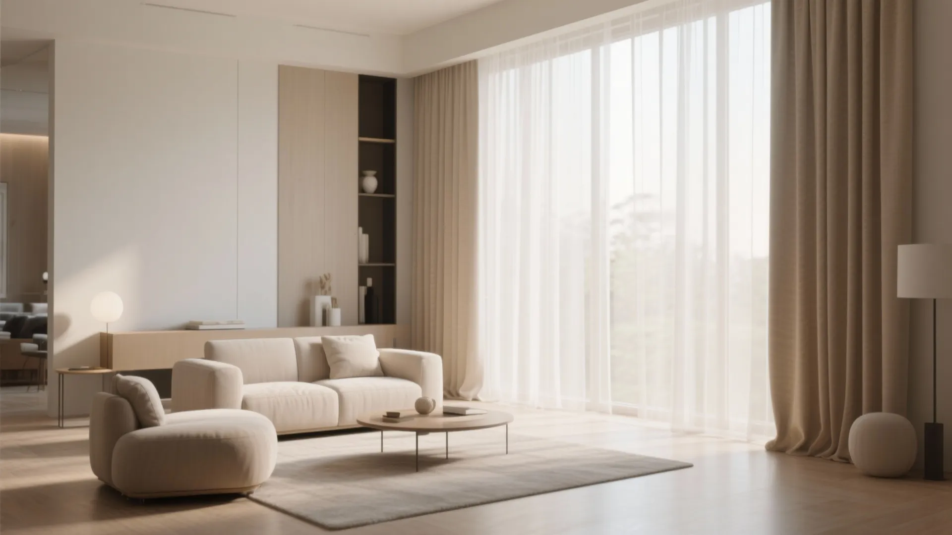 Living room with tall sheer curtains and high ceilings