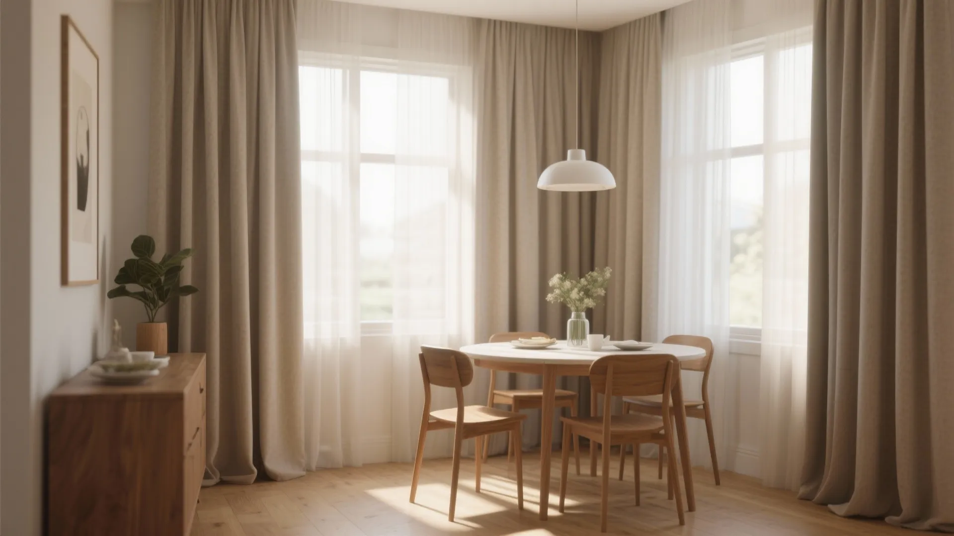 Small dining room with tall drapes for a spacious feel