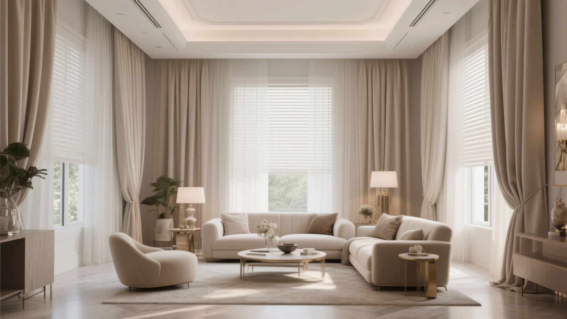 Elegant living room with floor-to-ceiling draped panels and blinds