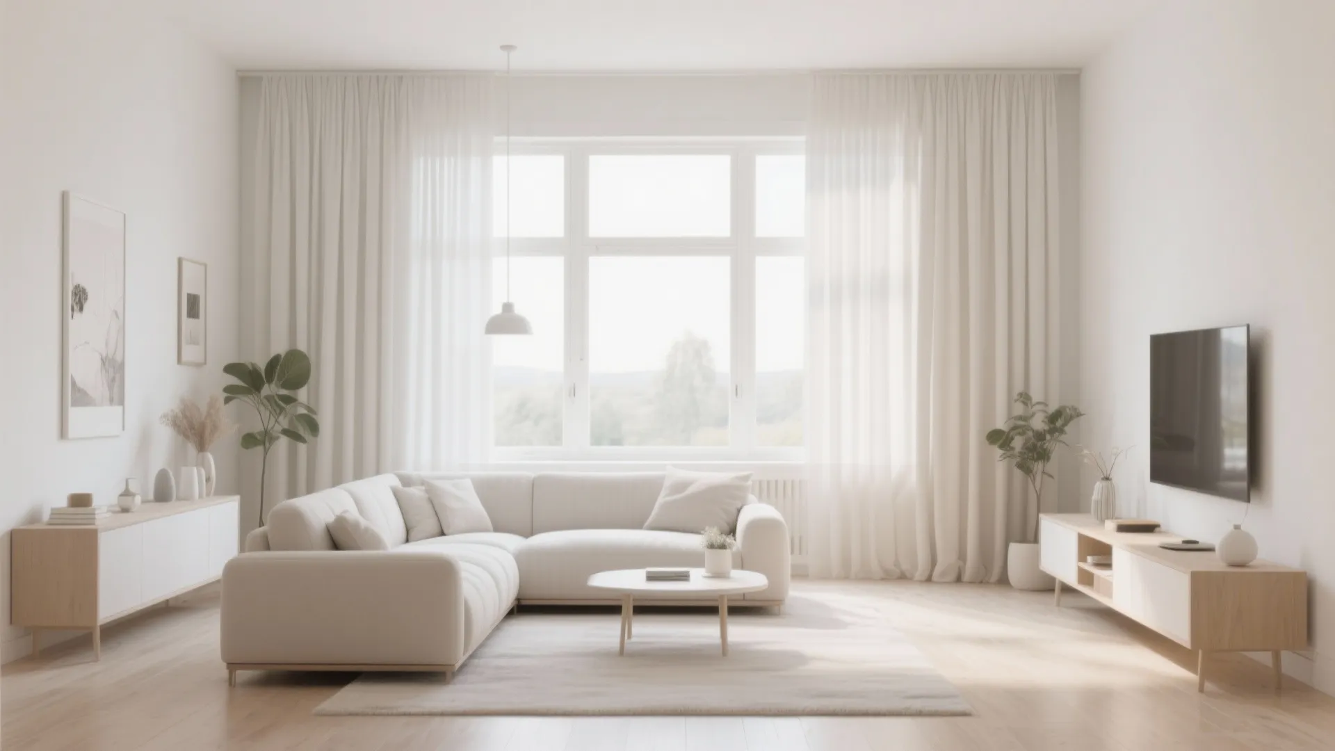 Scandinavian-style living room with floor-to-ceiling pleated drapes
