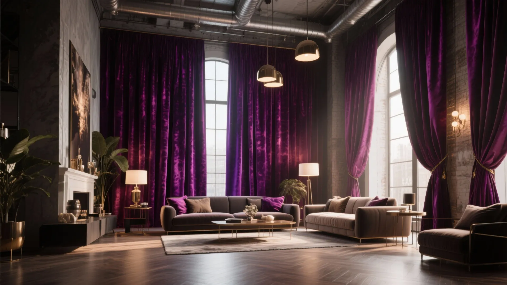 Luxury living room featuring tall purple velvet curtains gold ceiling lights sofas and large windows