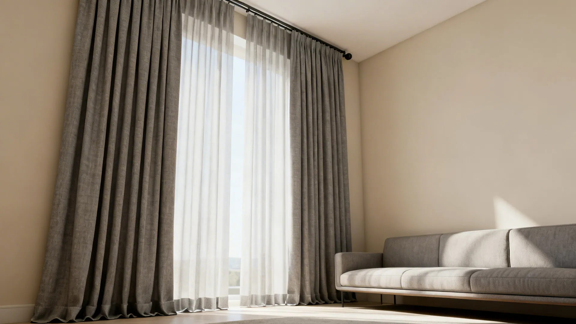 Living room with linen-gray floor-to-ceiling curtains creating a taller, airy feel.