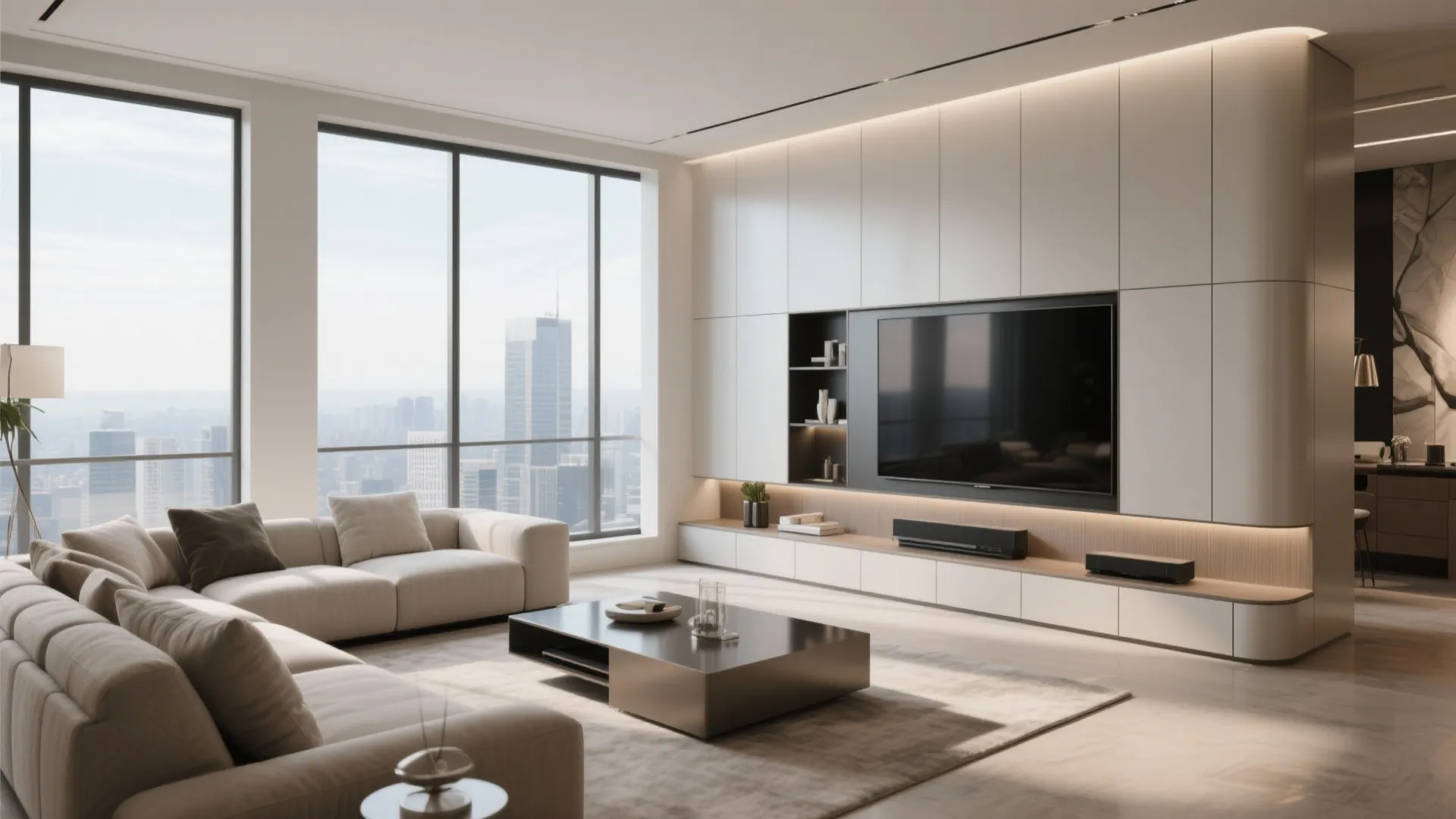 10. Floor-to-Ceiling Corner Entertainment Wall