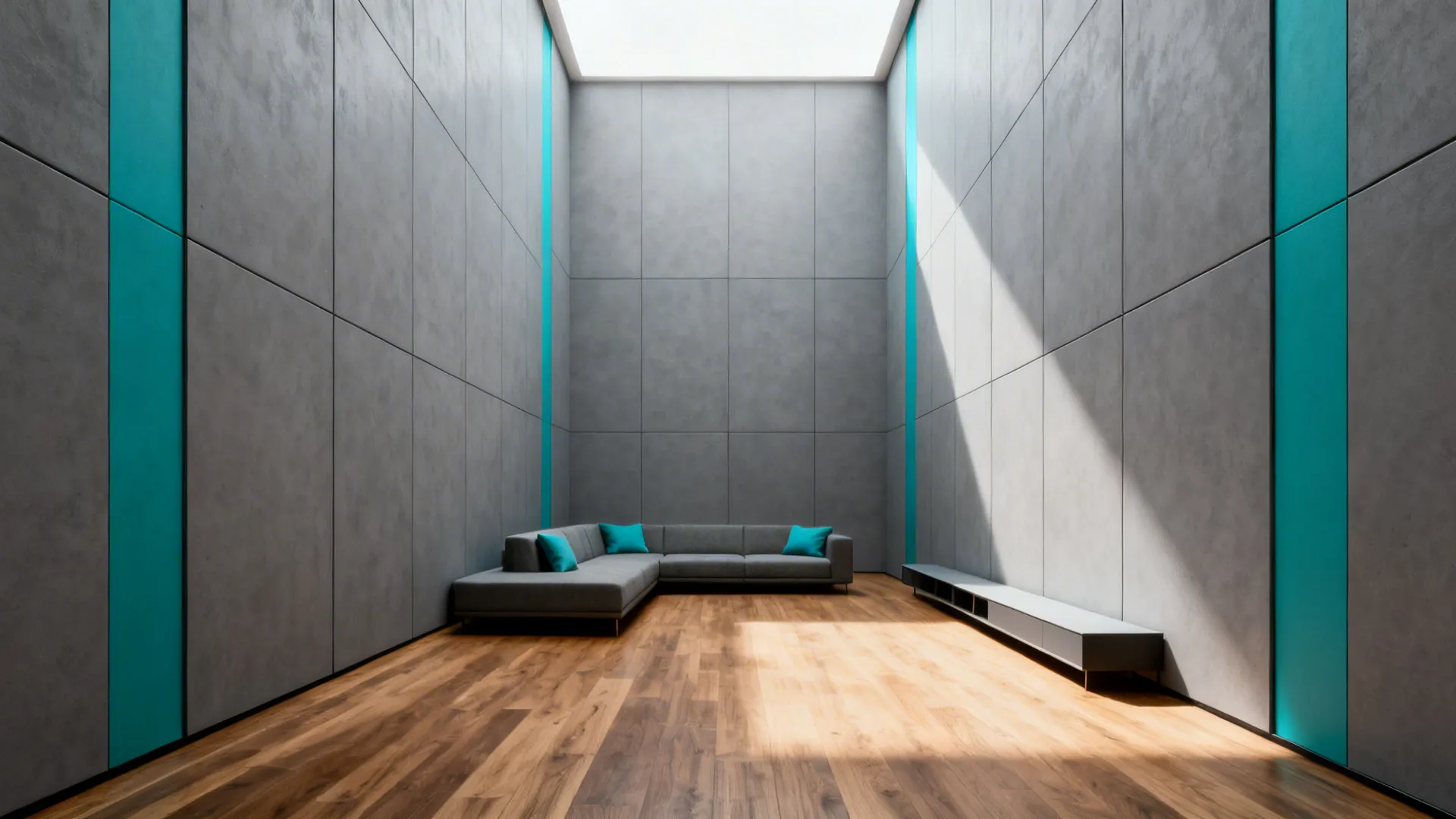 Studio living area with floor-to-ceiling gray panels and narrow teal accent panels, creating a taller look.