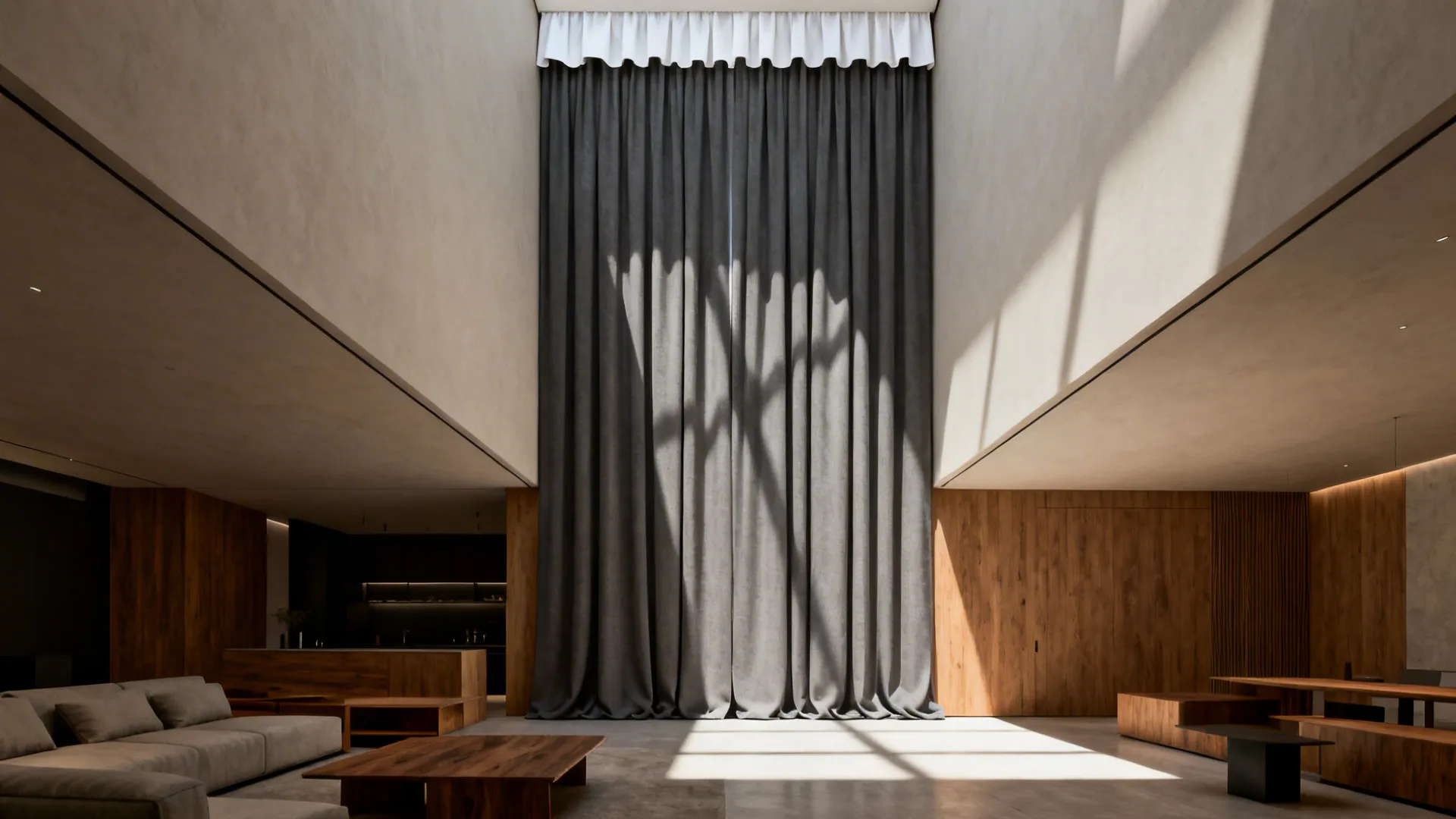 Studio with floor-to-ceiling grey curtains and a short white valance