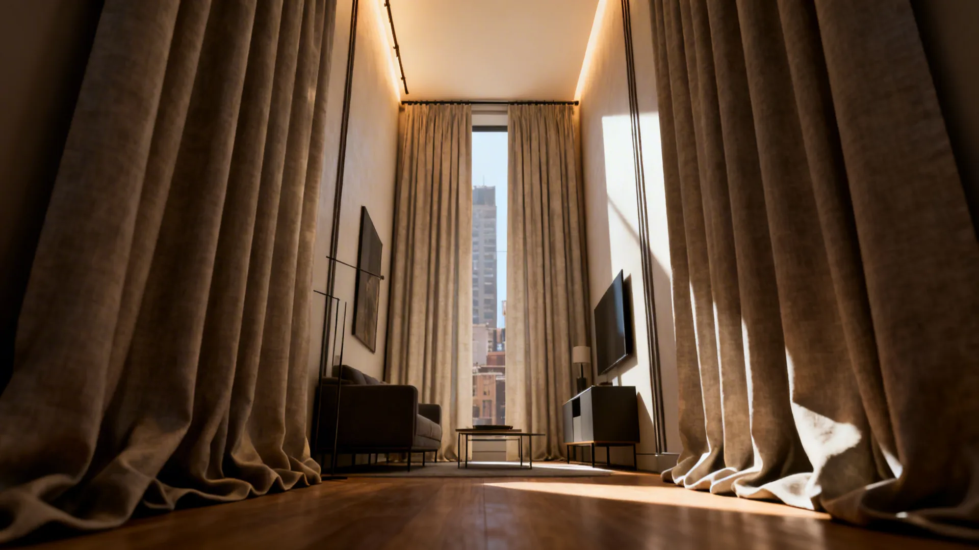 Narrow living room with floor-to-ceiling rod pocket curtains creating a height illusion