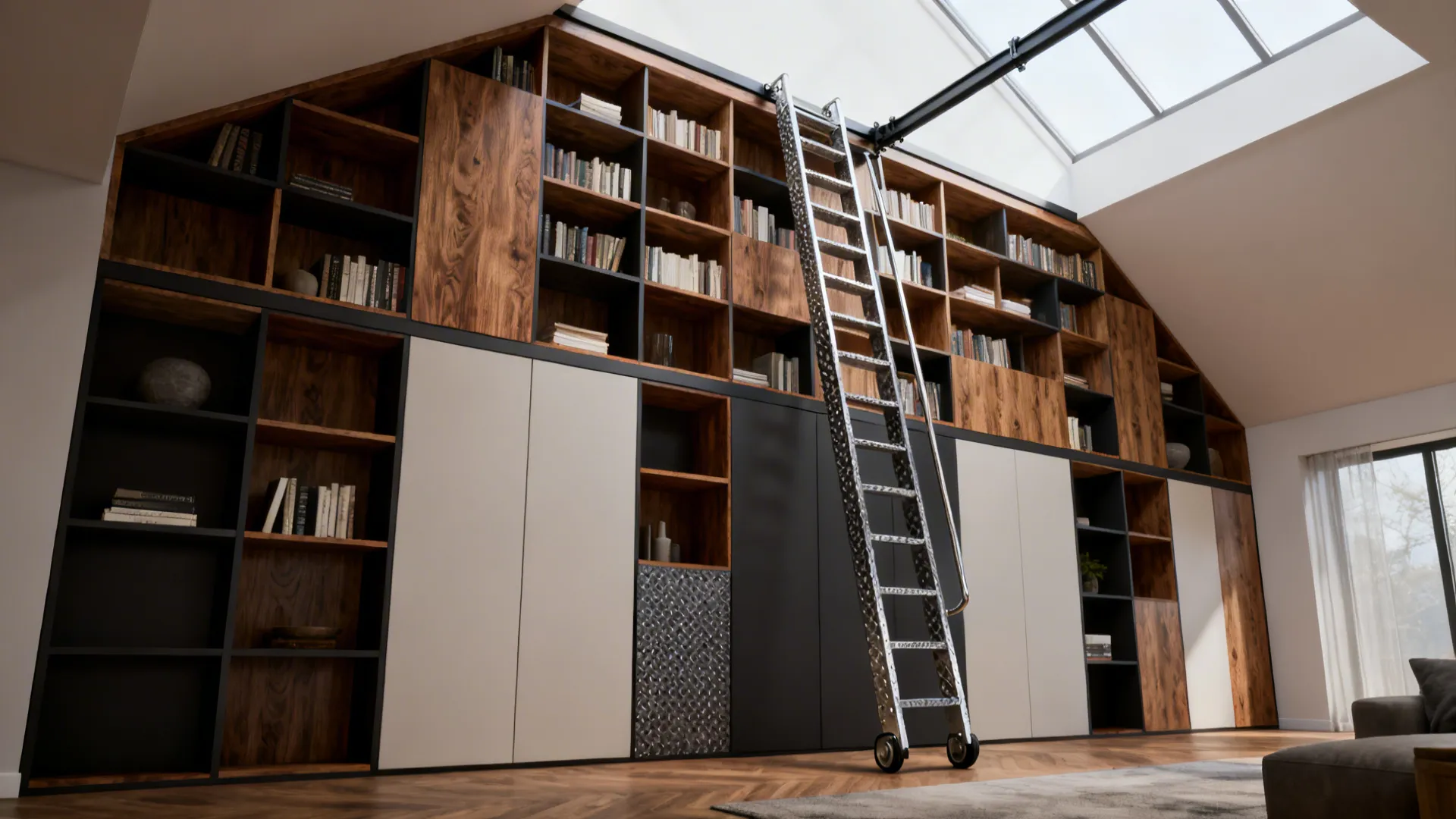 Loft living room with floor-to-ceiling built-ins and a slim rolling ladder for top shelves.