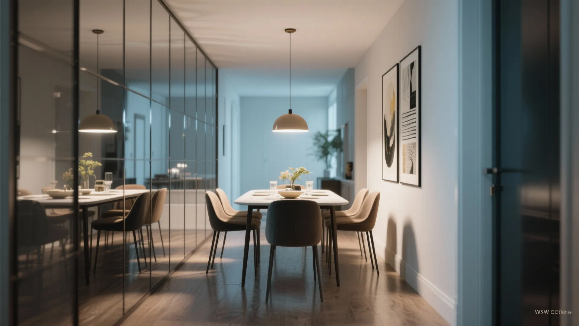 Floor-to-ceiling mirror panel enhancing space in narrow dining area