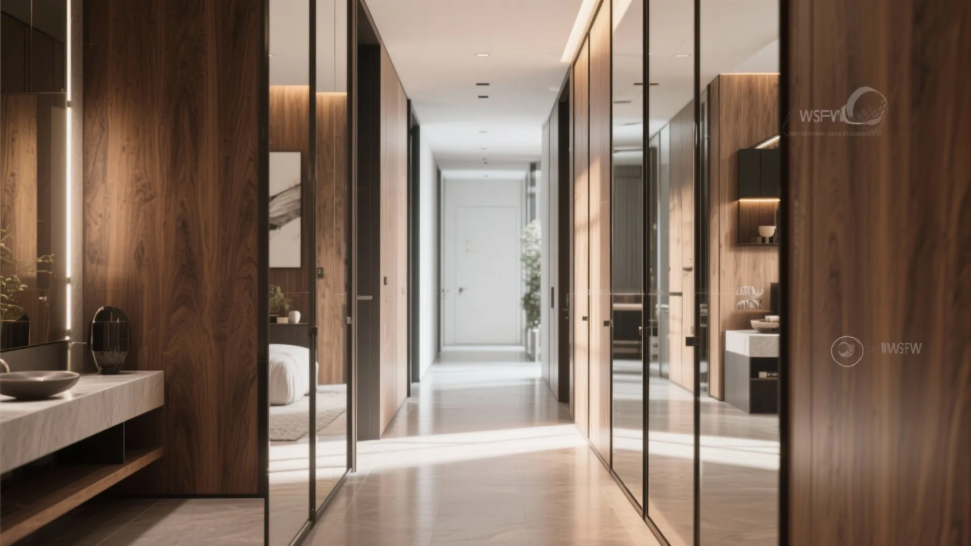 Modern hallway with wooden wall panels and large mirrors reflecting the light and interior layout