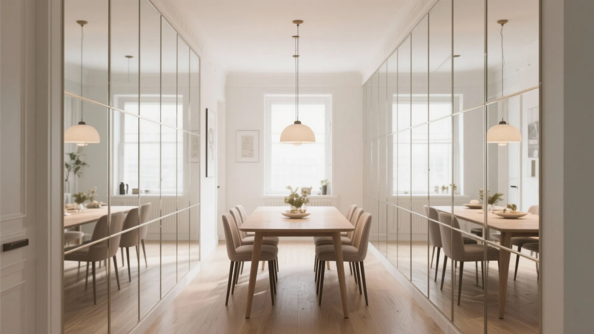 Floor-to-ceiling panels expanding narrow dining room