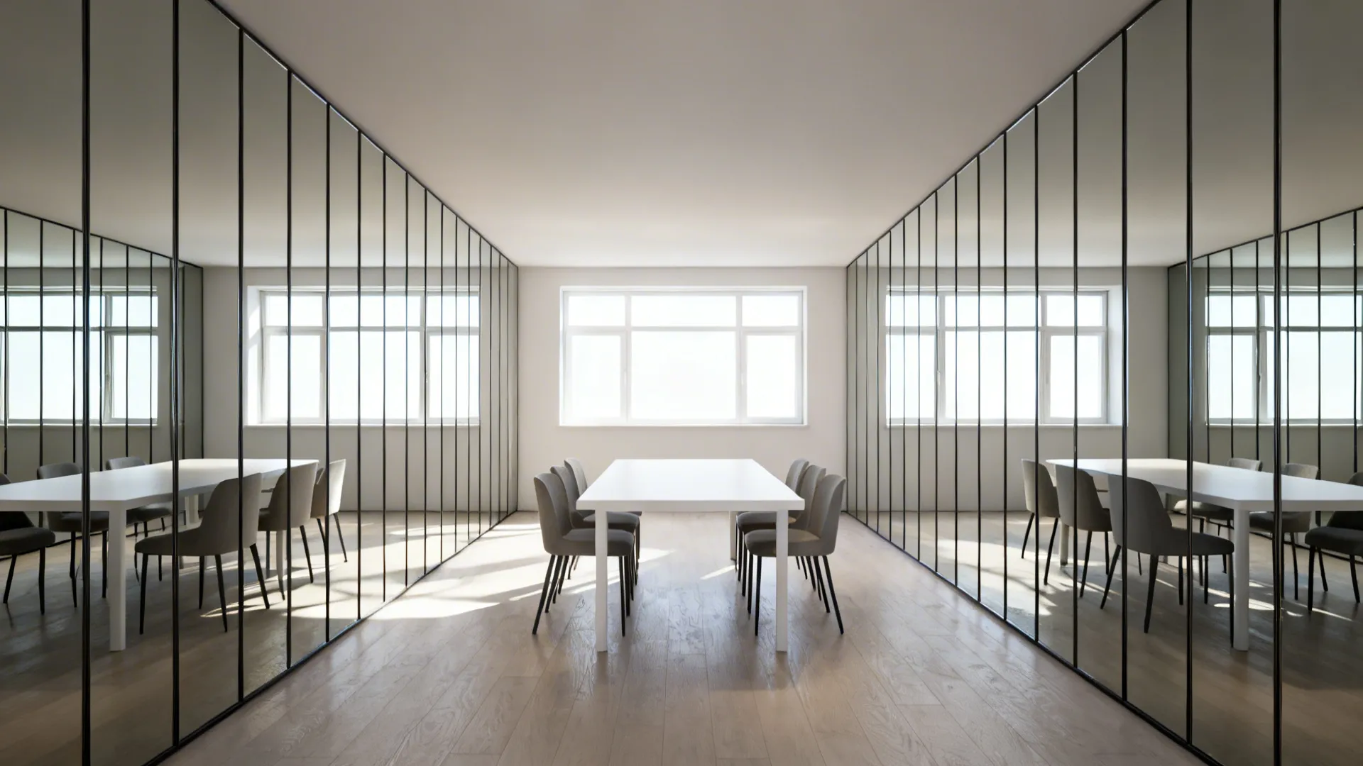 Narrow dining room visually widened by floor-to-ceiling mirror panels reflecting windows and light