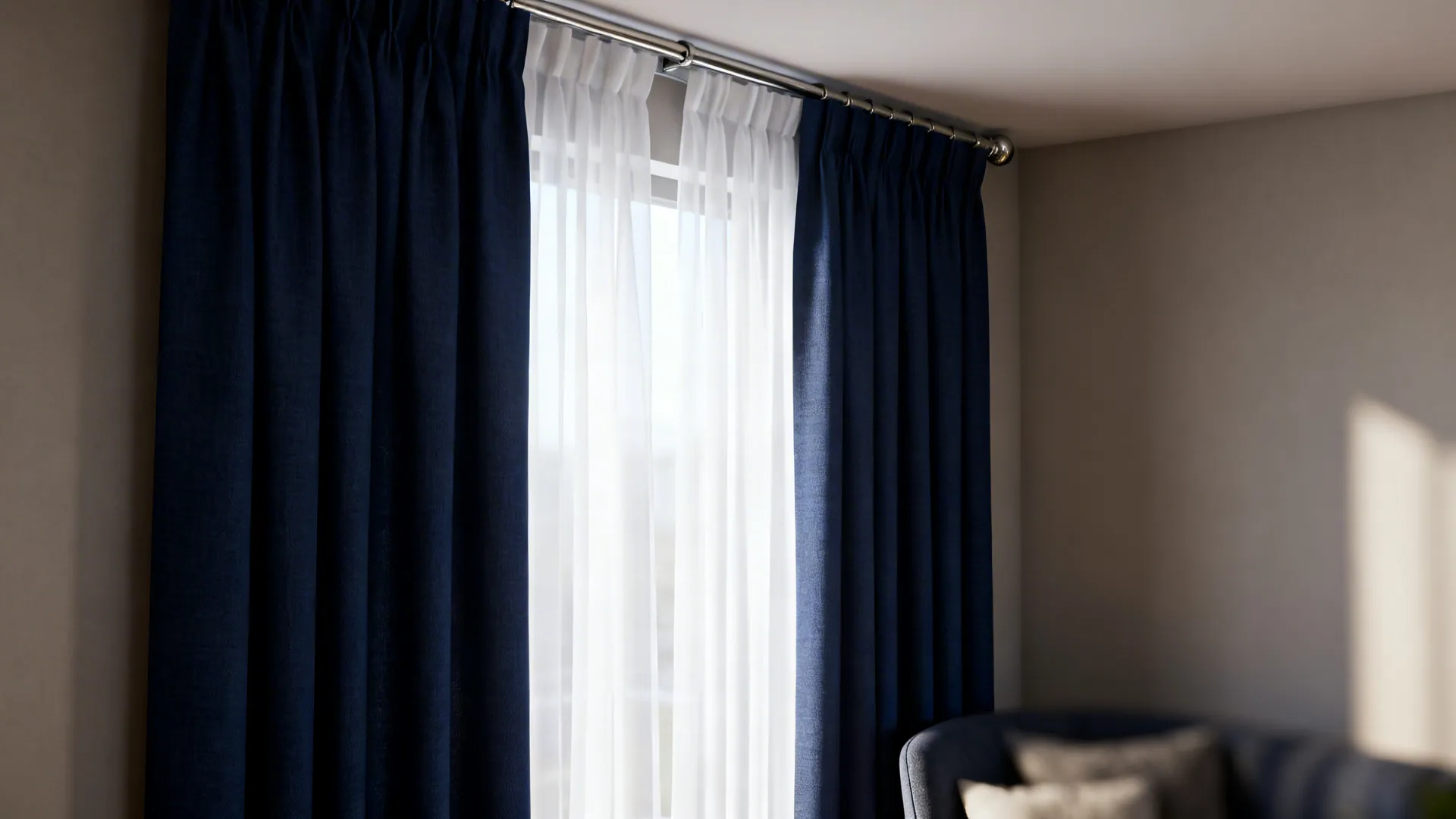 Full-height navy drapery panels with sheer white liners and soft daylight