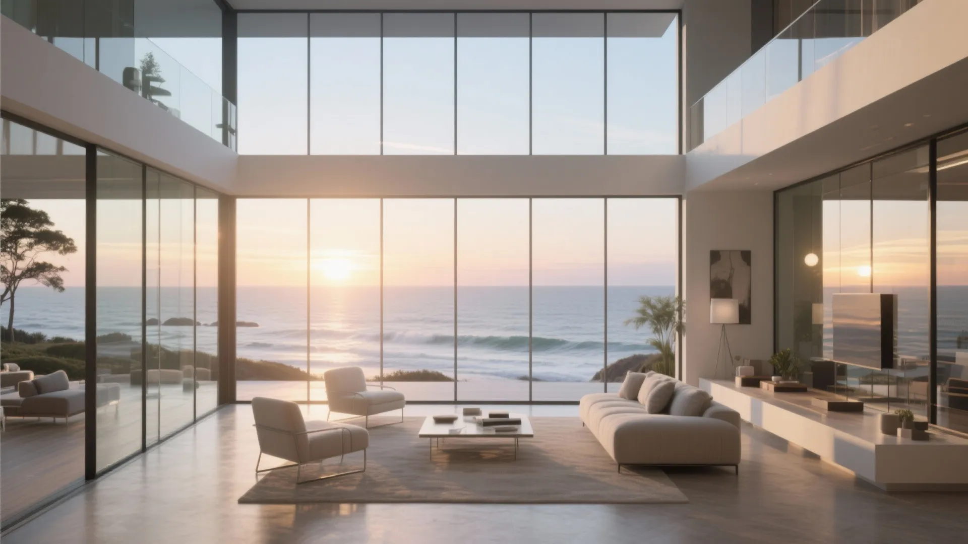 Minimalist living room with large glass windows showing a sunset ocean view and white sofa furniture