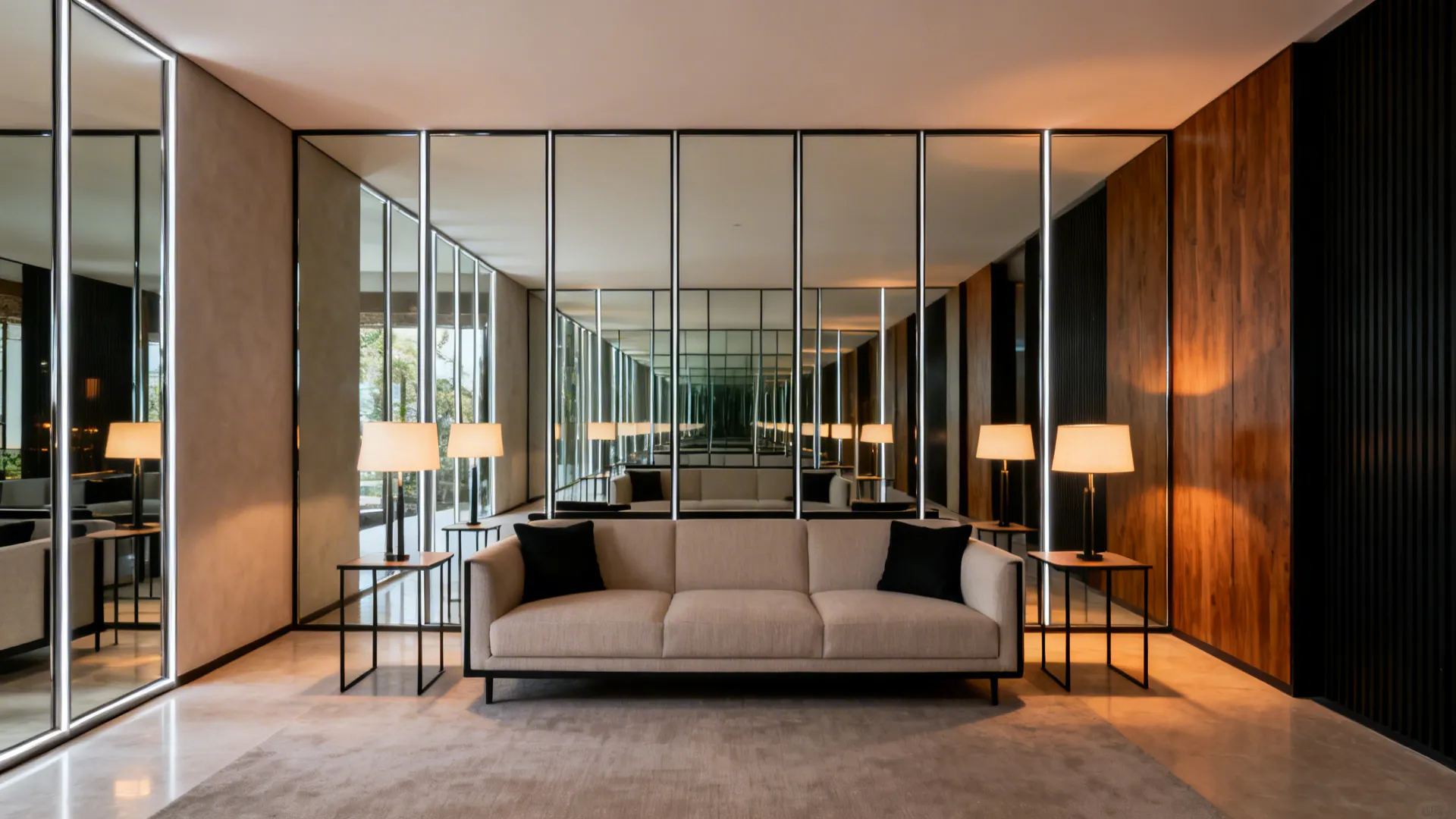 Floor-to-ceiling mirror panel behind a sofa visually widens a narrow living room with soft light.