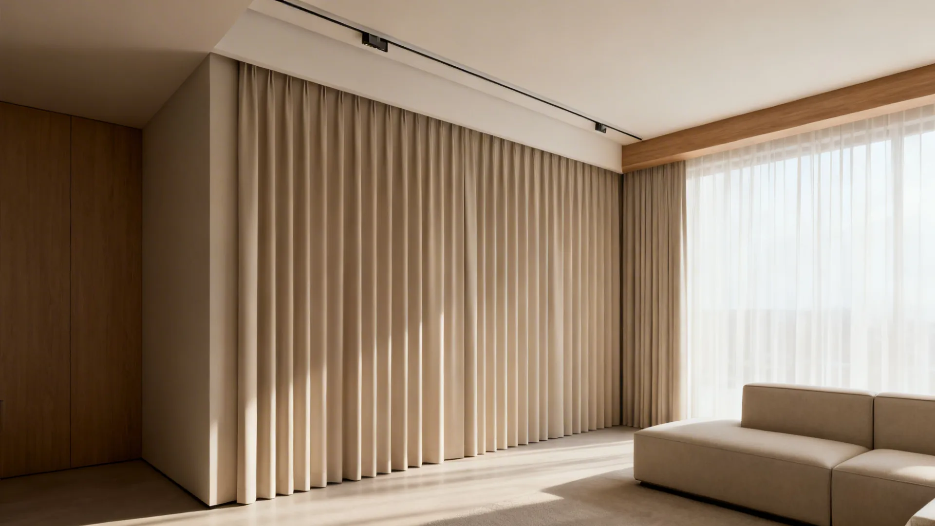 Small living room showcasing floor-to-ceiling blackout panels creating height and calm.