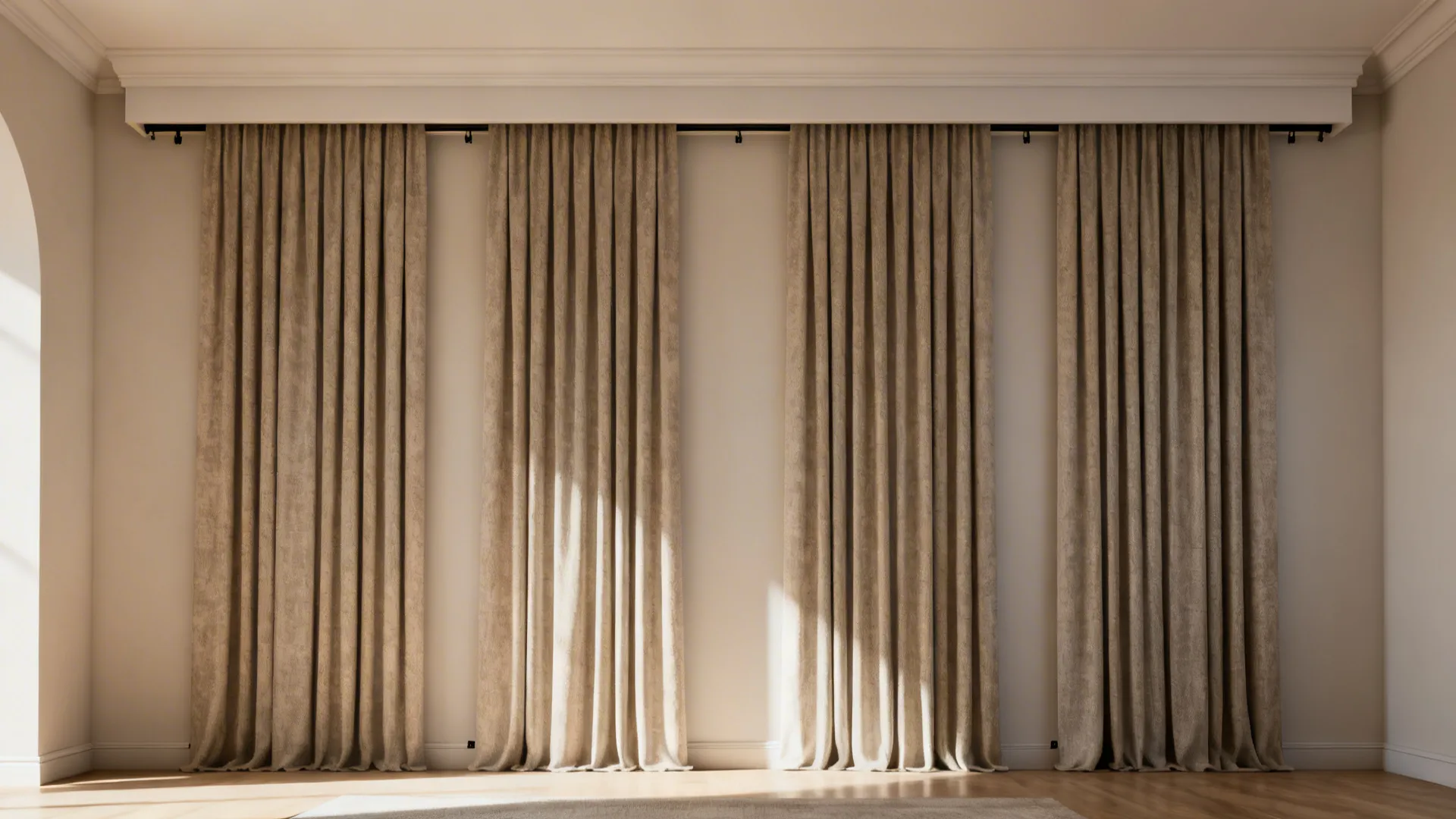 Four long beige curtains hanging from a white ceiling box in a bright modern room